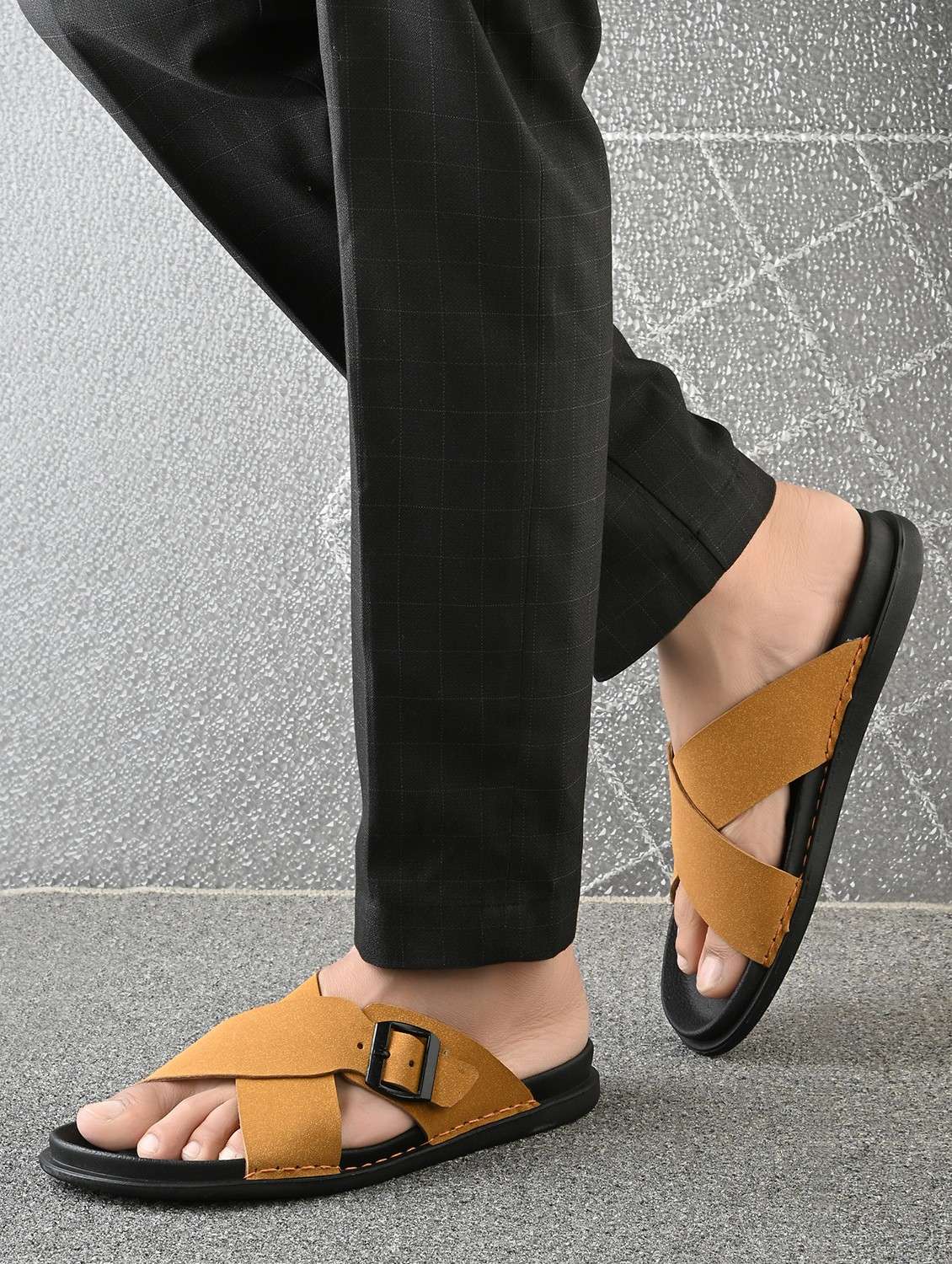 men tan solid slip on sandal - 22058615 -  Standard Image - 1