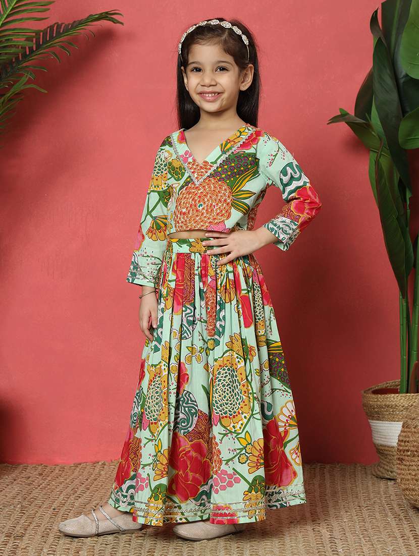 girls printed v-neck lehenga and choli solid - 22058619 -  Standard Image - 1
