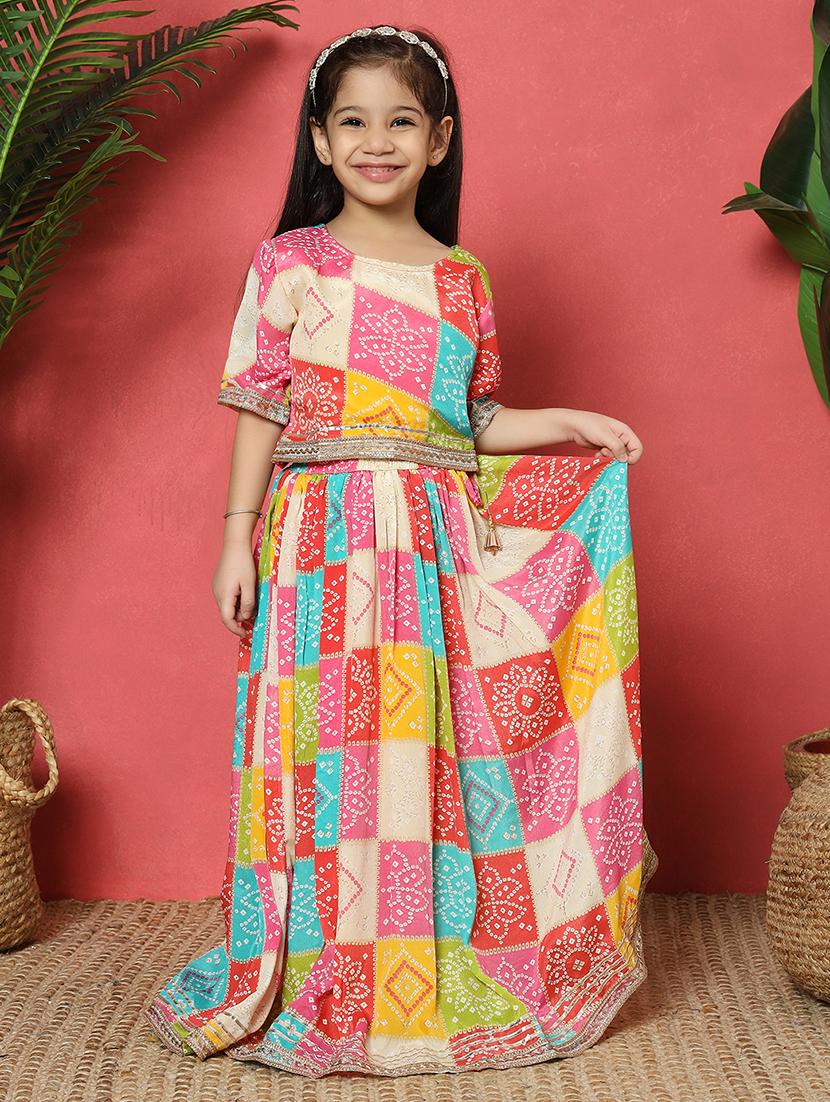 girls printed short sleeve lehenga and choli