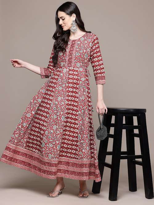 women floral printed three quarter sleeve anarkali kurta - 22058629 -  Standard Image - 0