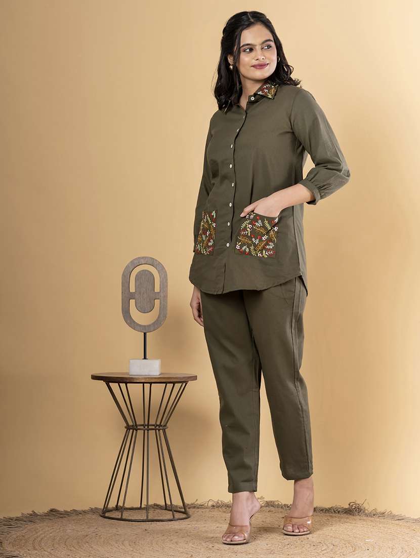 green cotton blend coord set - 22058657 -  Standard Image - 1