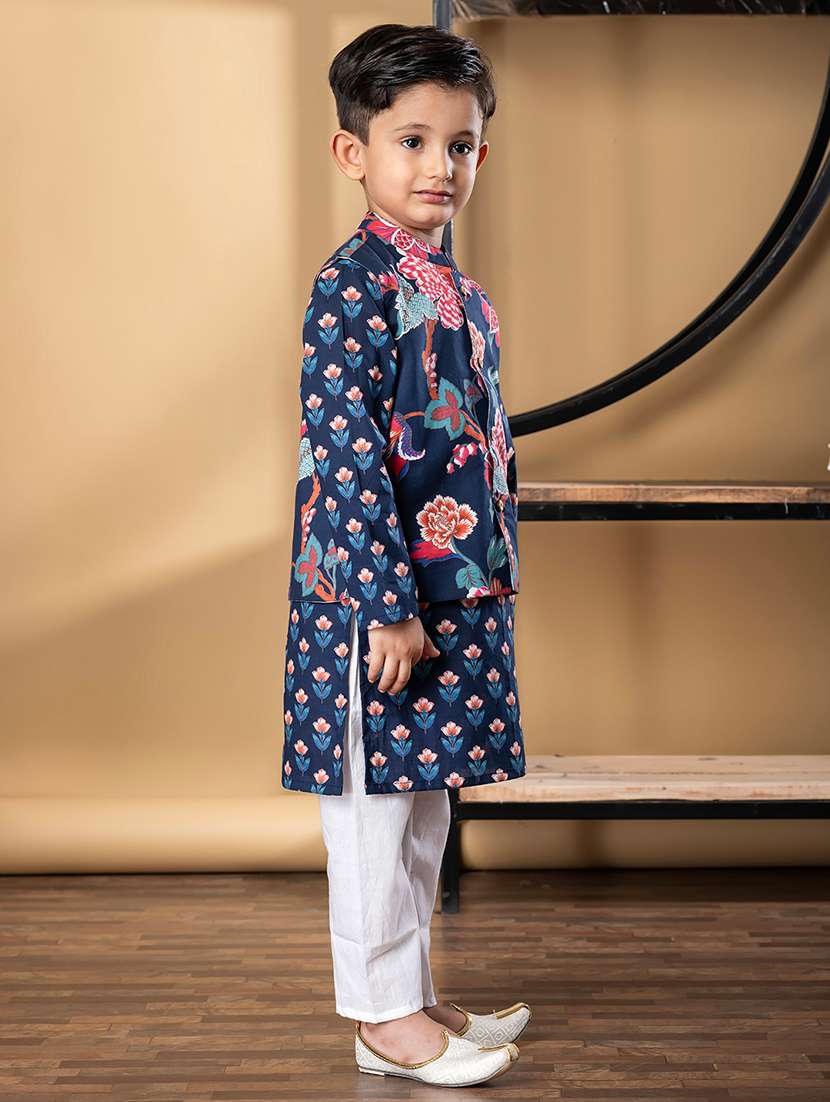 boys printed mandarin collar kurta pyjama set with nehru jacket - 22058705 -  Standard Image - 1