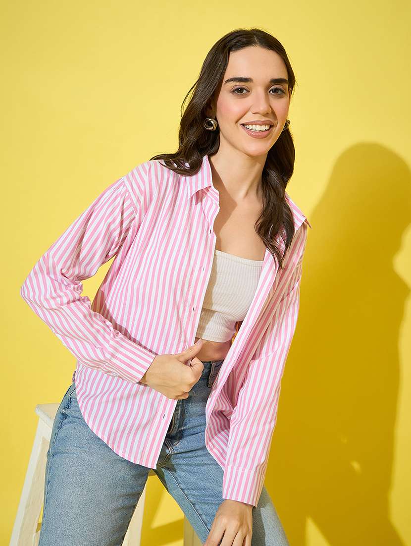 women striped collred long sleeve shirt - 22058713 - Standard Image - 1