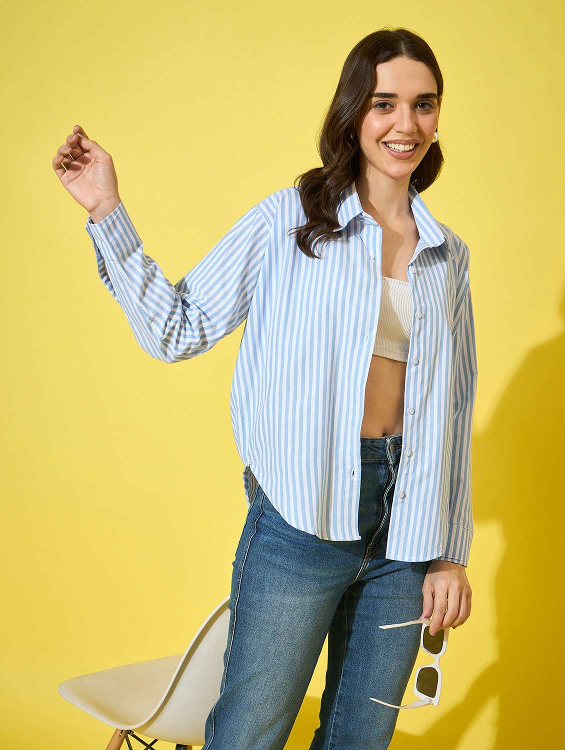 women striped collred long sleeve shirt - 22058714 -  Standard Image - 1