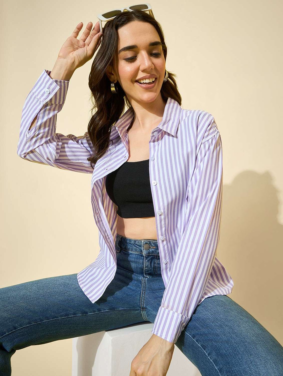 women striped collared long sleeve shirt - 22058725 -  Standard Image - 1