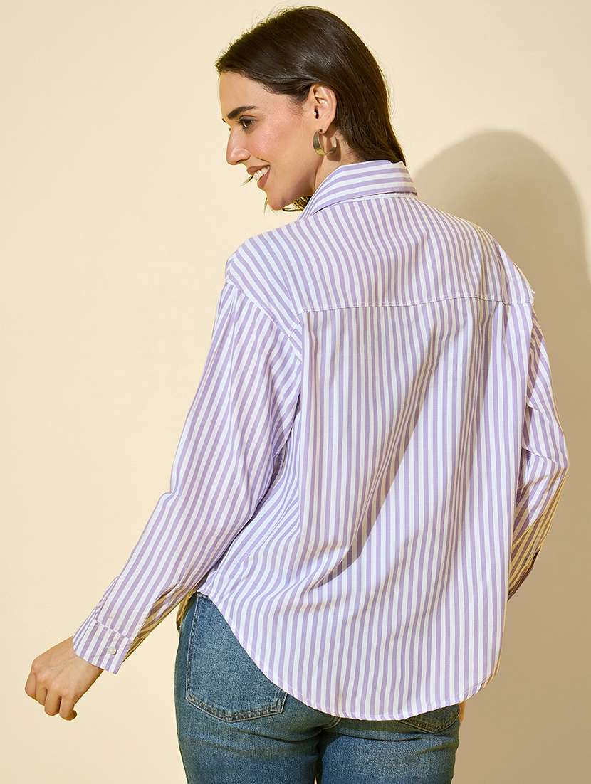 women striped collared long sleeve shirt - 22058725 - Standard Image - 4