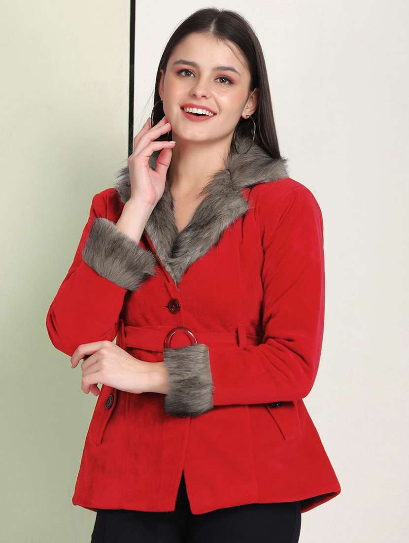 women solid long sleeve fur detailed jacket