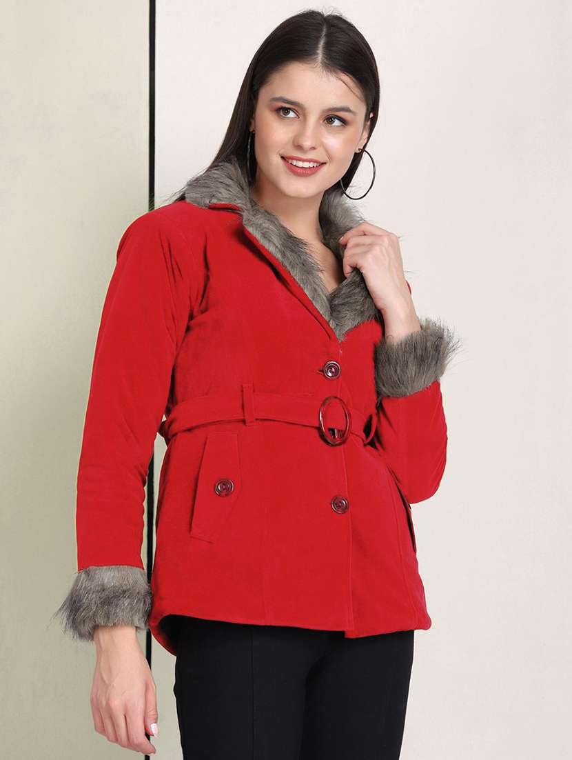 women solid long sleeve fur detailed jacket - 22058736 -  Standard Image - 1