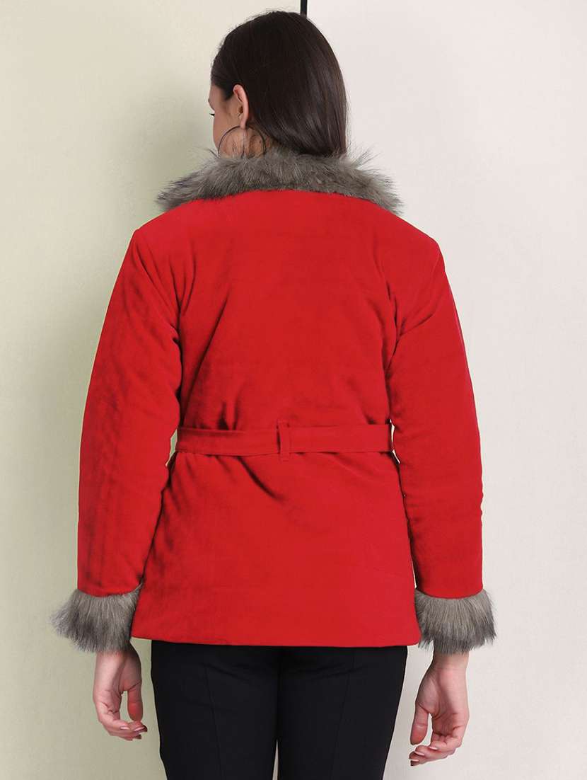 women solid long sleeve fur detailed jacket - 22058736 - Standard Image - 4