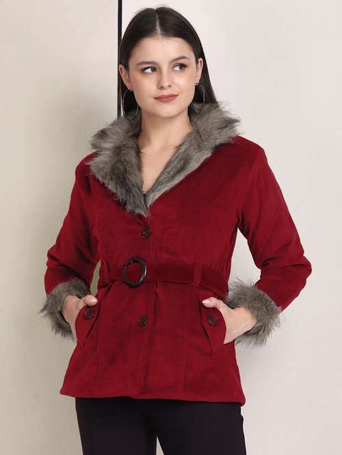 women solid long sleeve fur detailed jacket - 22058737 -  Standard Image - 0