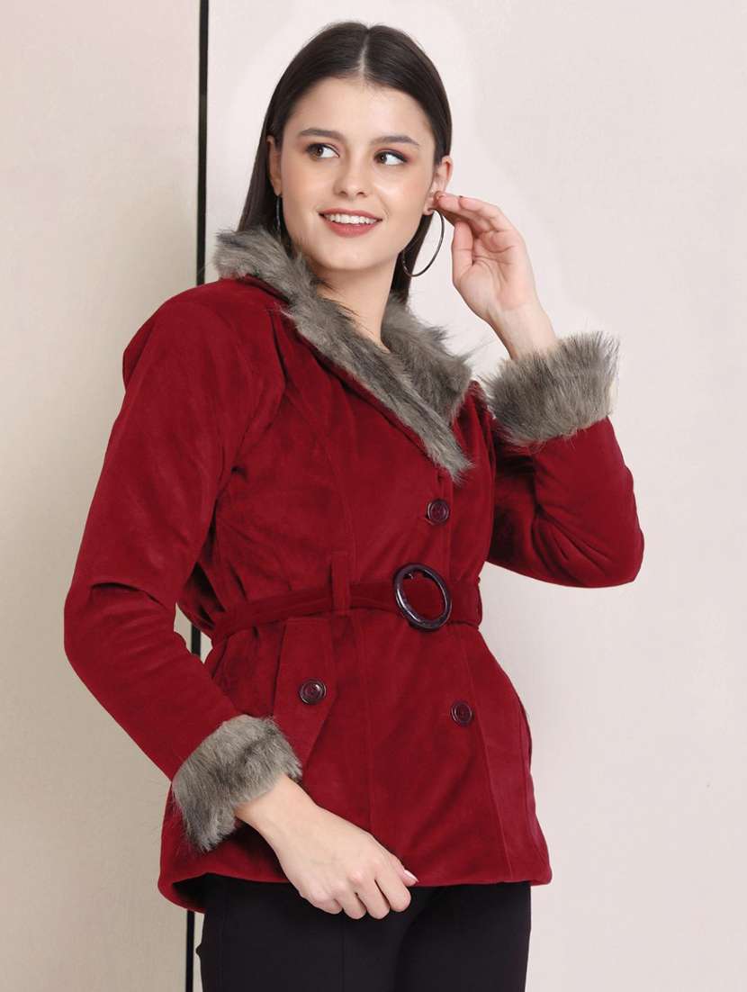 women solid long sleeve fur detailed jacket - 22058737 - Standard Image - 1
