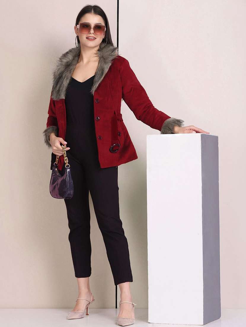 women solid long sleeve fur detailed jacket - 22058737 - Standard Image - 4