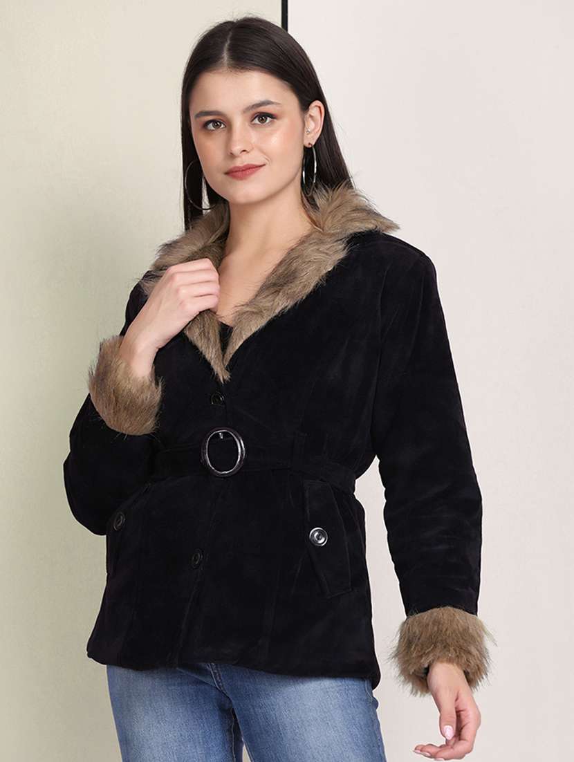 women solid long sleeve fur detailed jacket