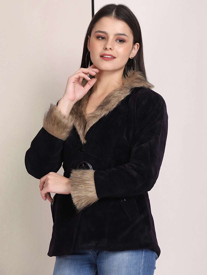 women solid long sleeve fur detailed jacket - 22058738 - Standard Image - 1