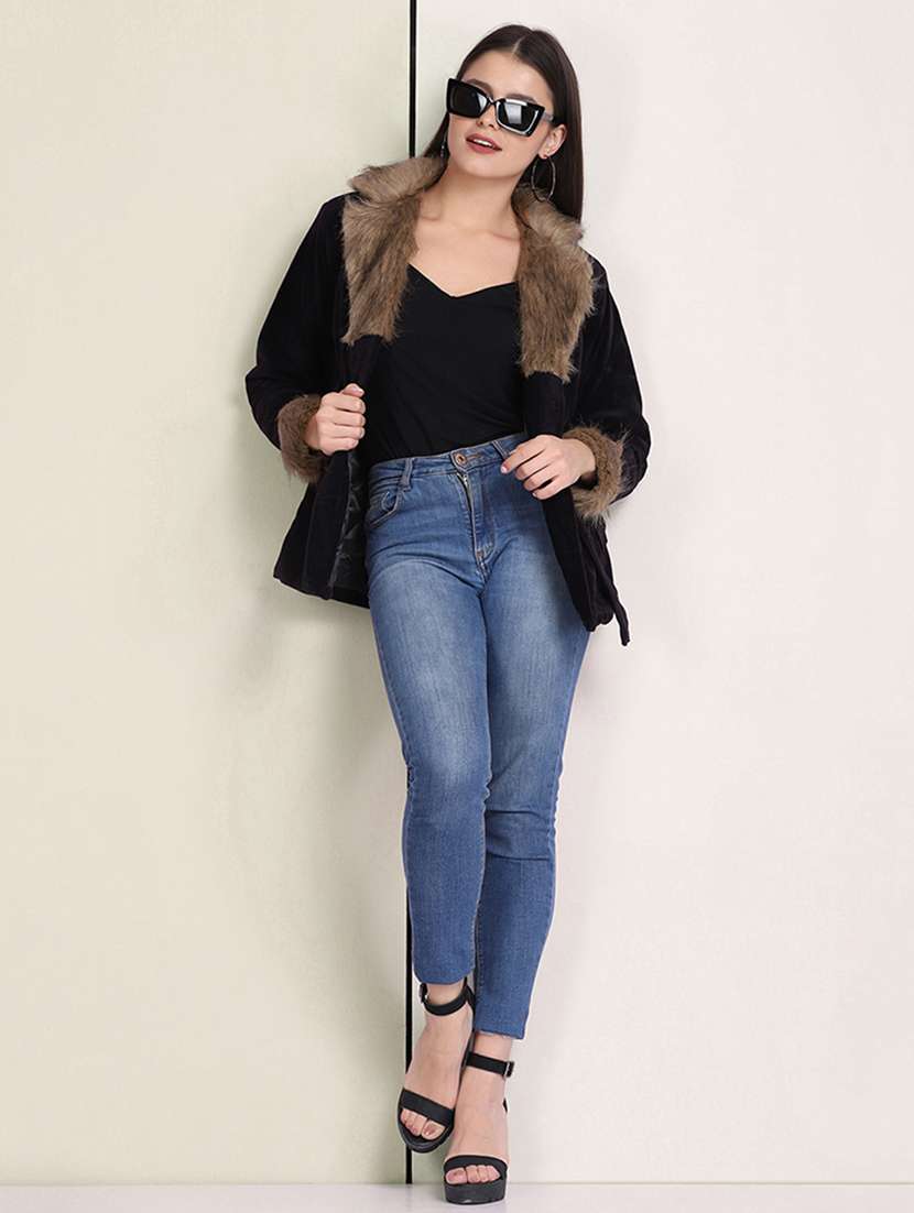 women solid long sleeve fur detailed jacket - 22058738 - Standard Image - 4