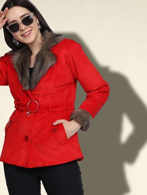 women solid long sleeve fur detailed jacket - 22058740 -  Standard Image - 0
