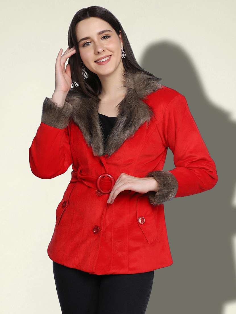 women solid long sleeve fur detailed jacket - 22058740 -  Standard Image - 1