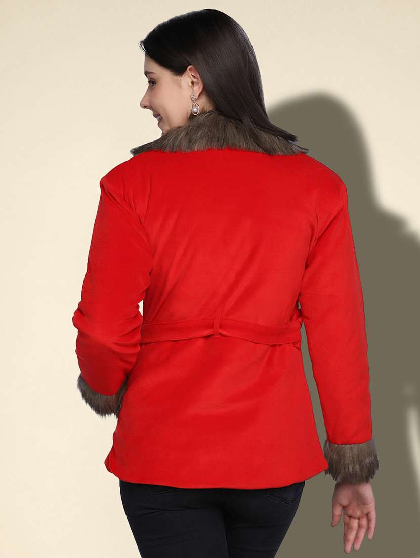 women solid long sleeve fur detailed jacket - 22058740 - Standard Image - 4