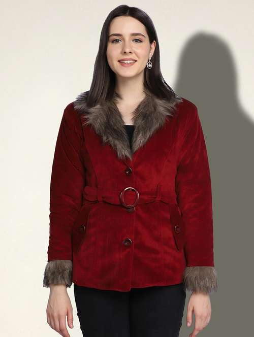 women solid long sleeve fur detailed jacket - 22058741 -  Standard Image - 0