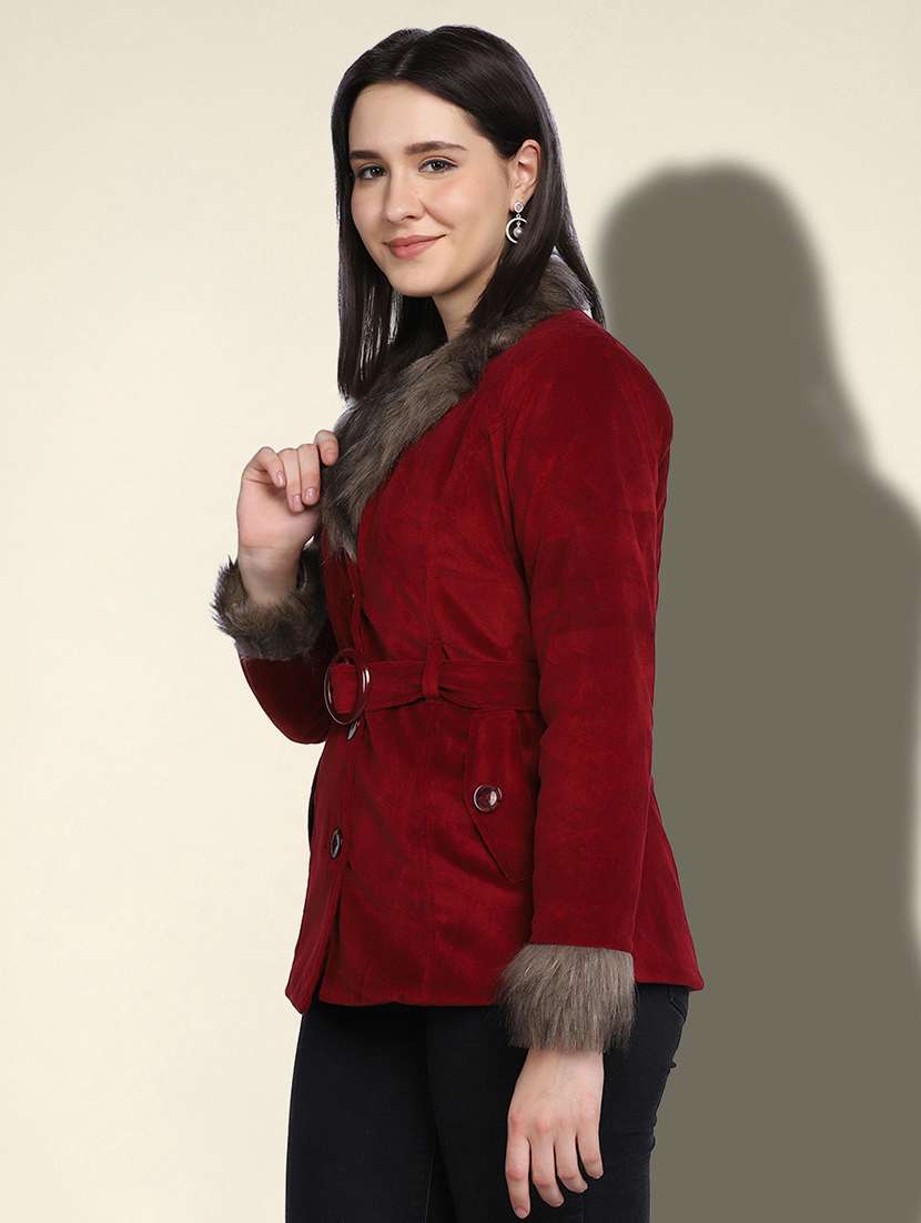 women solid long sleeve fur detailed jacket - 22058741 -  Standard Image - 1