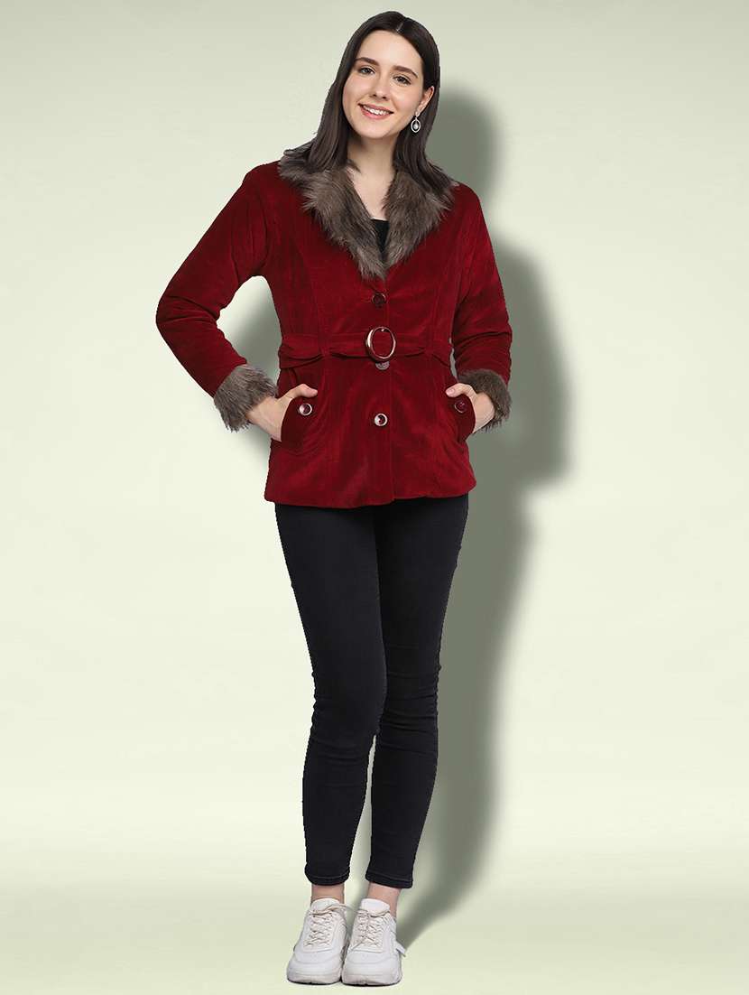 women solid long sleeve fur detailed jacket - 22058741 - Standard Image - 4