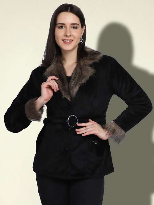 women solid long sleeve fur detailed jacket - 22058742 -  Standard Image - 0