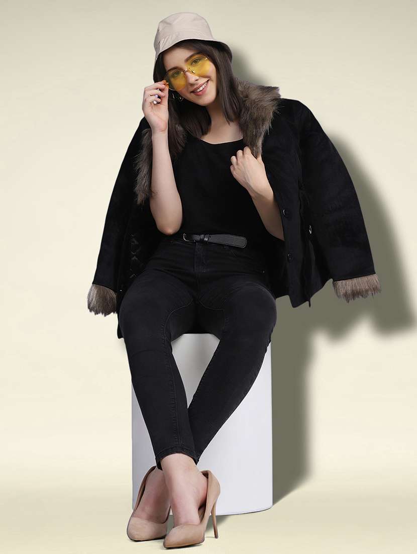 women solid long sleeve fur detailed jacket - 22058742 - Standard Image - 4