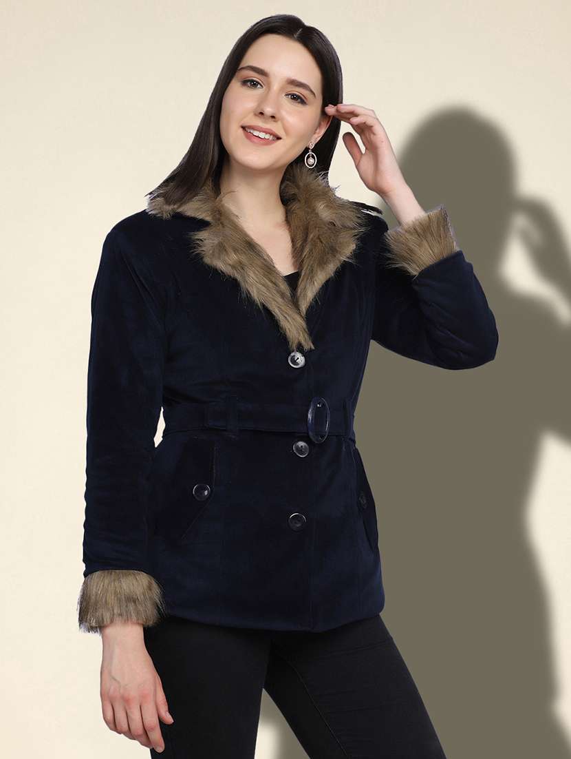women solid long sleeve fur detailed jacket - 22058743 -  Standard Image - 1