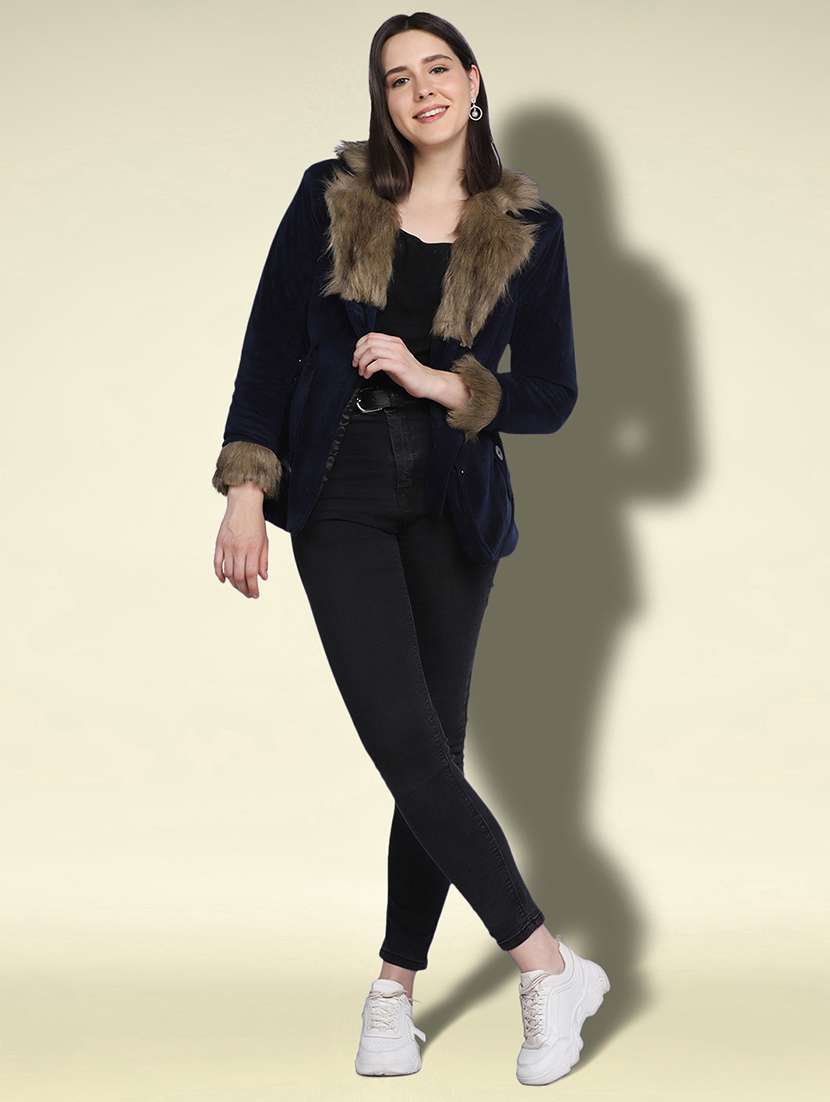 women solid long sleeve fur detailed jacket - 22058743 -  Standard Image - 4