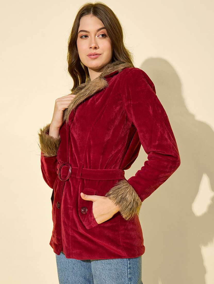 women solid long sleeve fur detailed jacket - 22058745 - Standard Image - 1