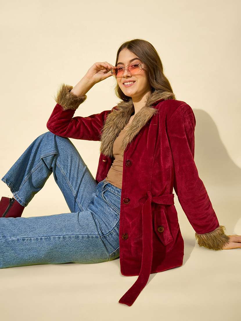 women solid long sleeve fur detailed jacket - 22058745 - Standard Image - 4