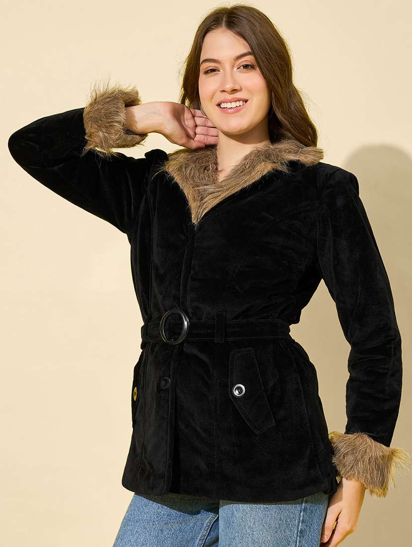 women solid long sleeve fur detailed jacket - 22058746 - Zoom Image - 0