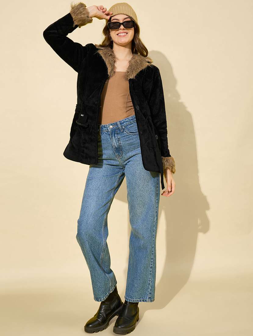 women solid long sleeve fur detailed jacket - 22058746 - Standard Image - 4