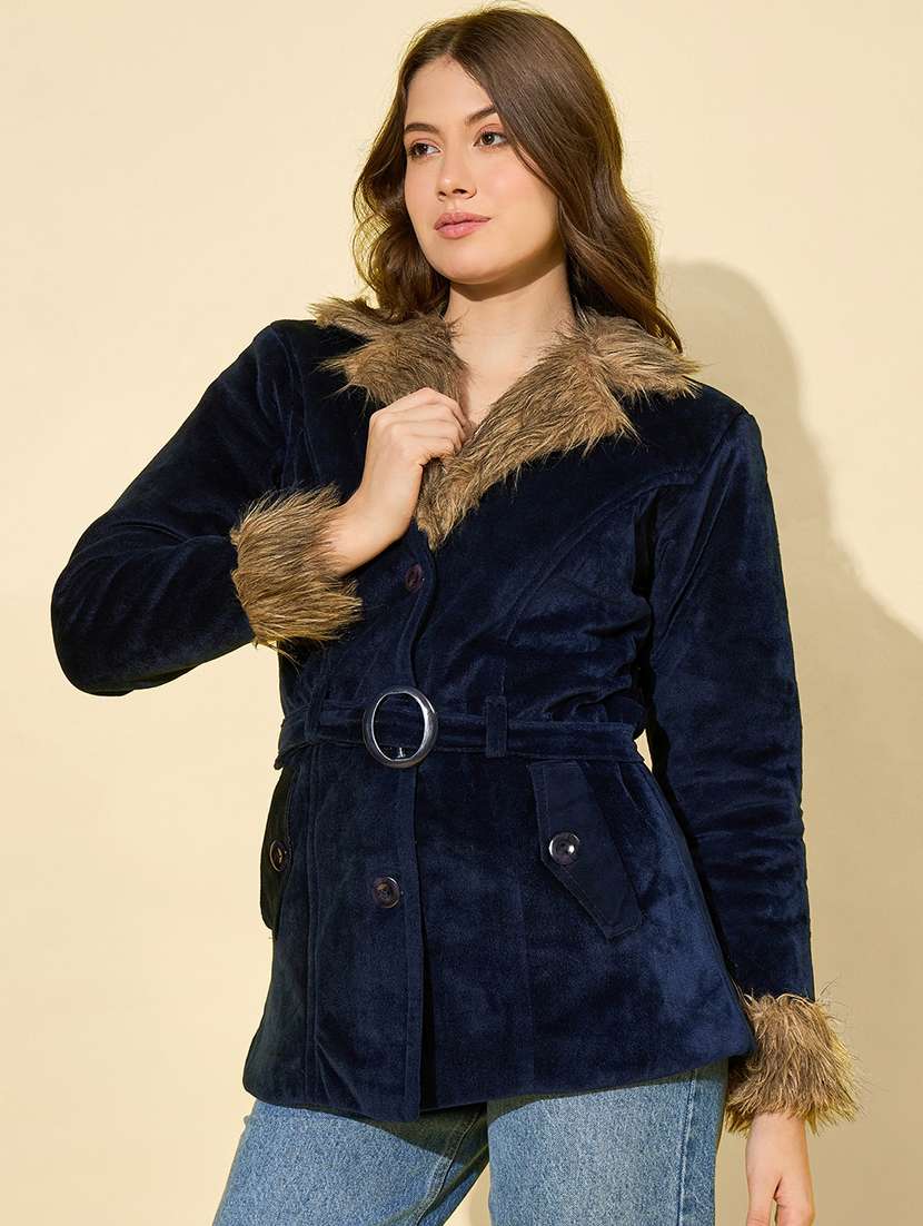 women solid long sleeve fur detailed jacket - 22058747 -  Standard Image - 1