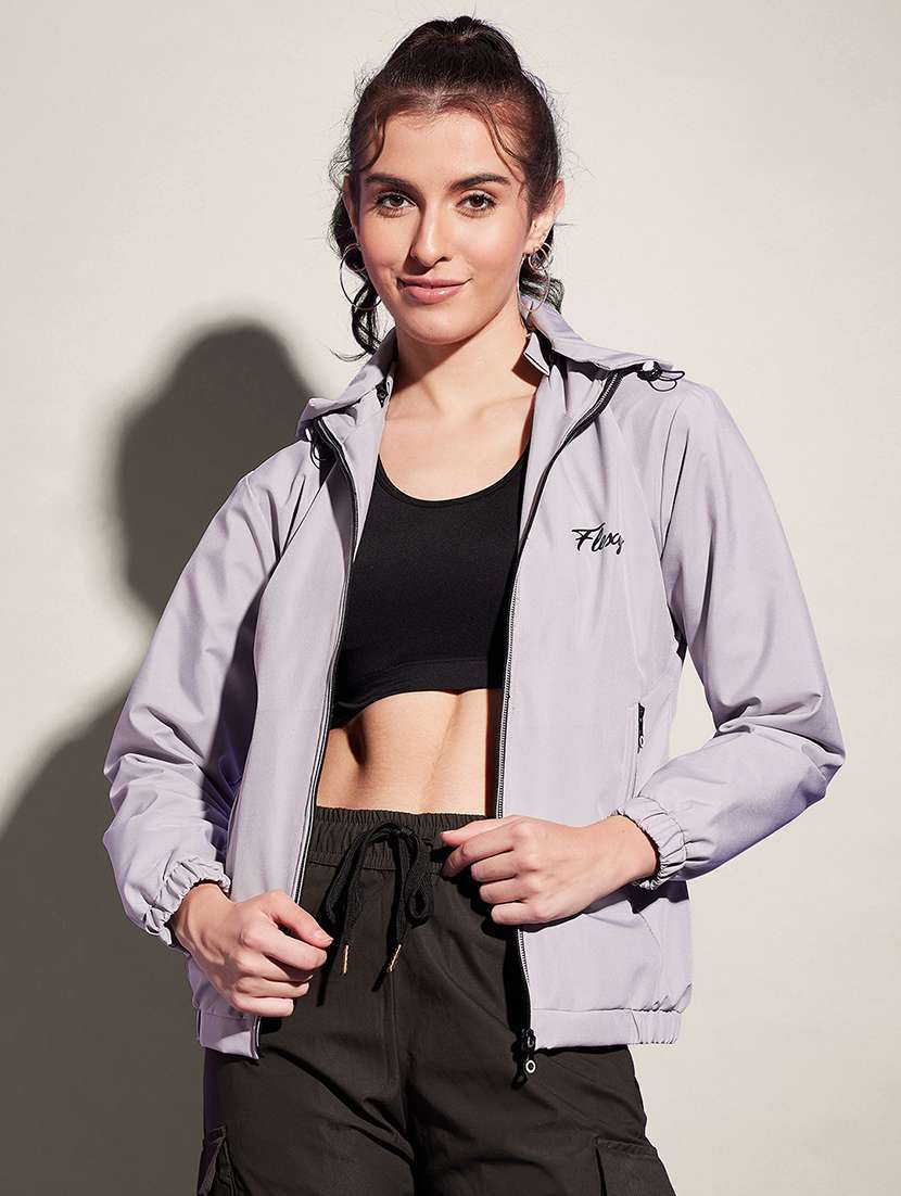 women solid long sleeve hooded windcheater jacket