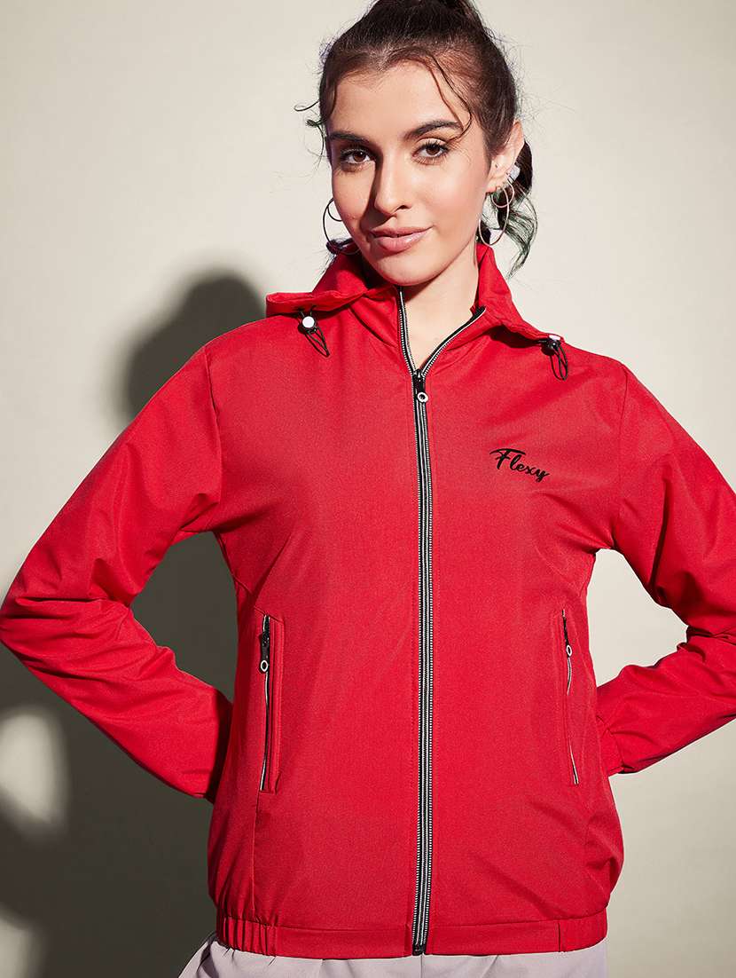 women solid long sleeve hooded windcheater jacket