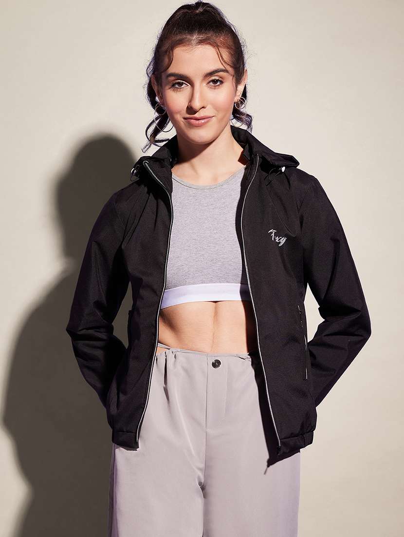 women solid long sleeve hooded windcheater jacket