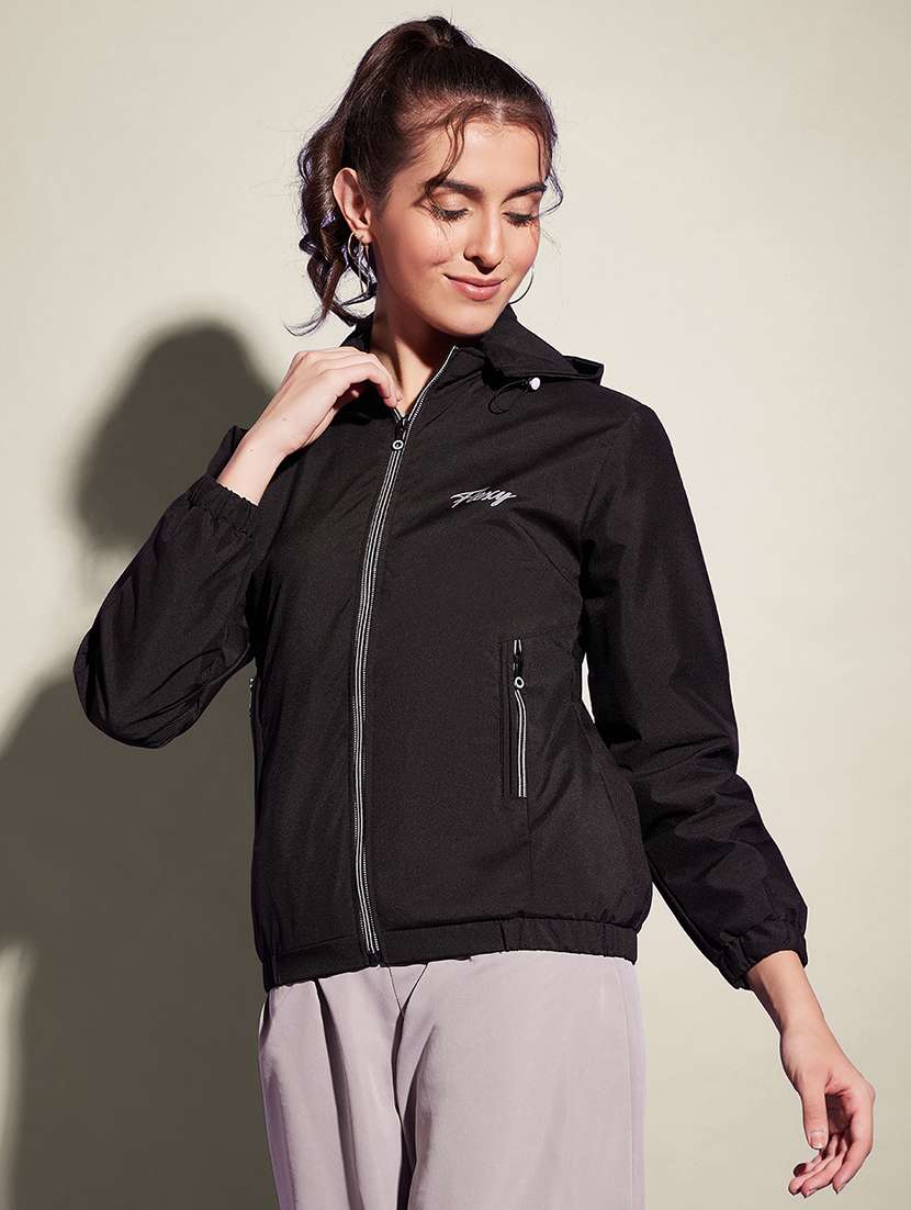 women solid long sleeve hooded windcheater jacket - 22058750 - Standard Image - 1