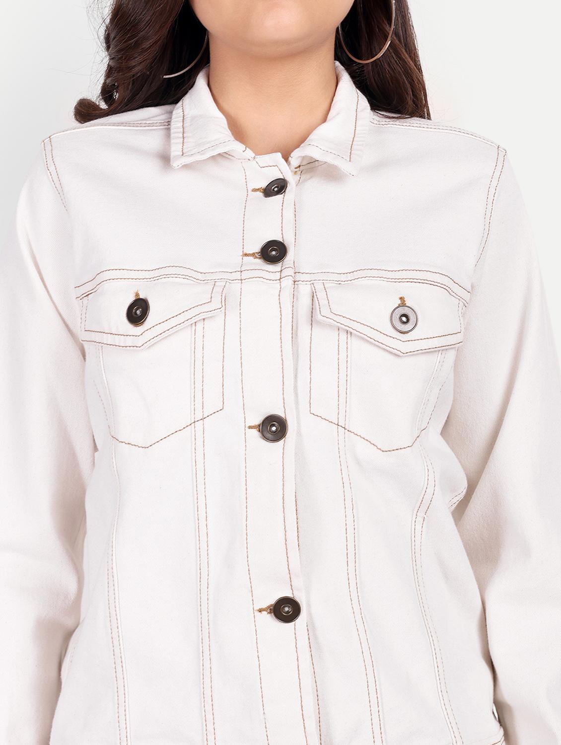 women solid collared long sleeve denim jacket - 22058753 - Standard Image - 4