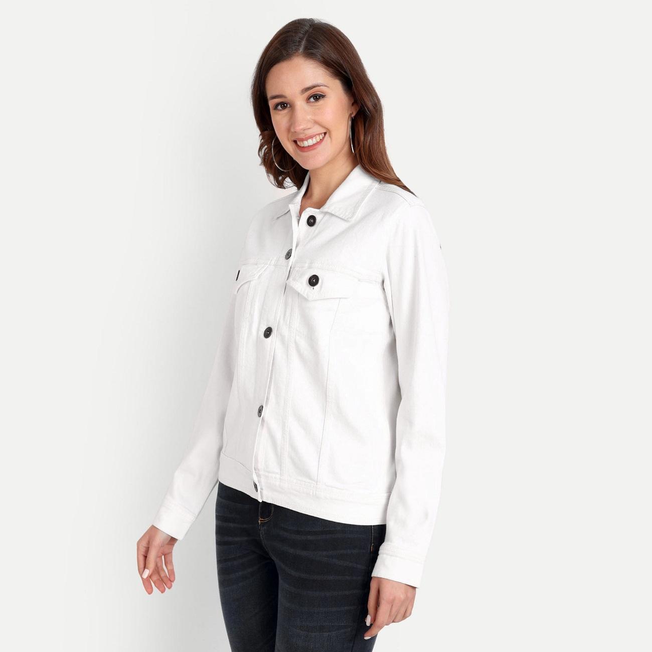 women solid collared long sleeve denim jacket - 22058754 - Standard Image - 1