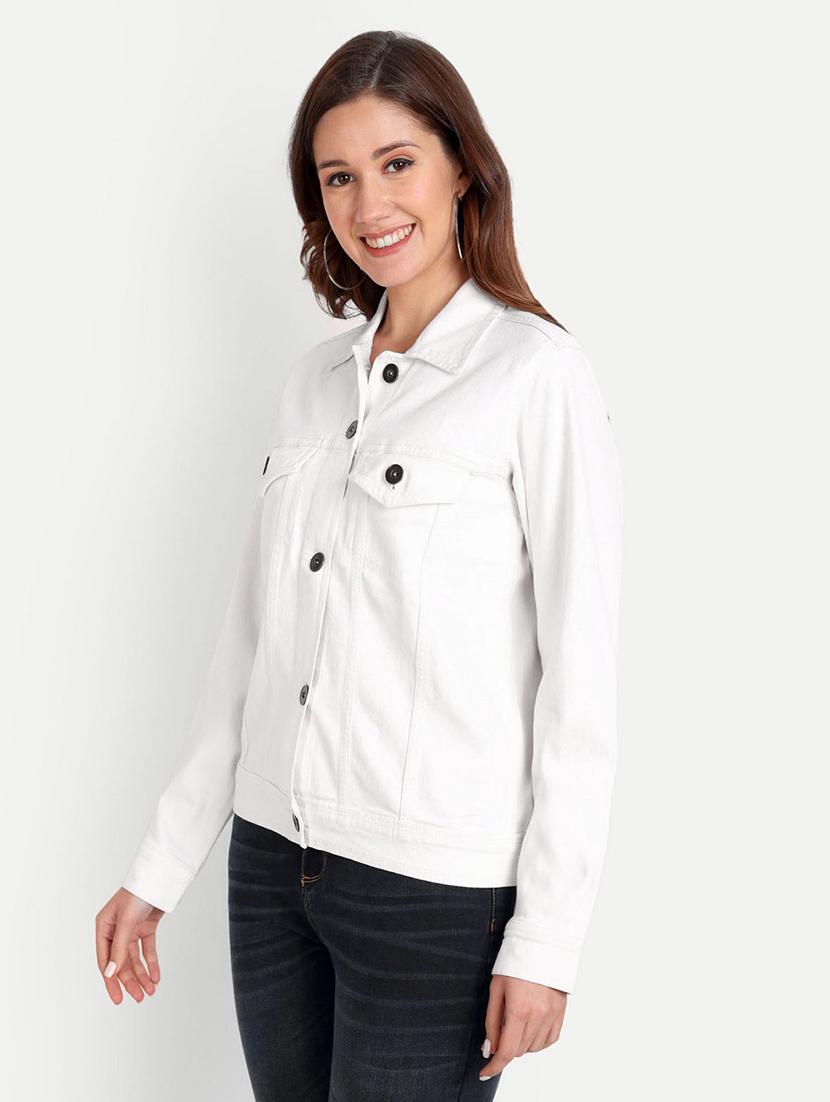 women solid collared long sleeve denim jacket - 22058754 - Standard Image - 1