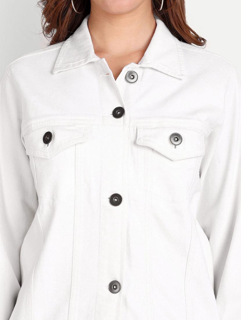 women solid collared long sleeve denim jacket - 22058754 - Standard Image - 4