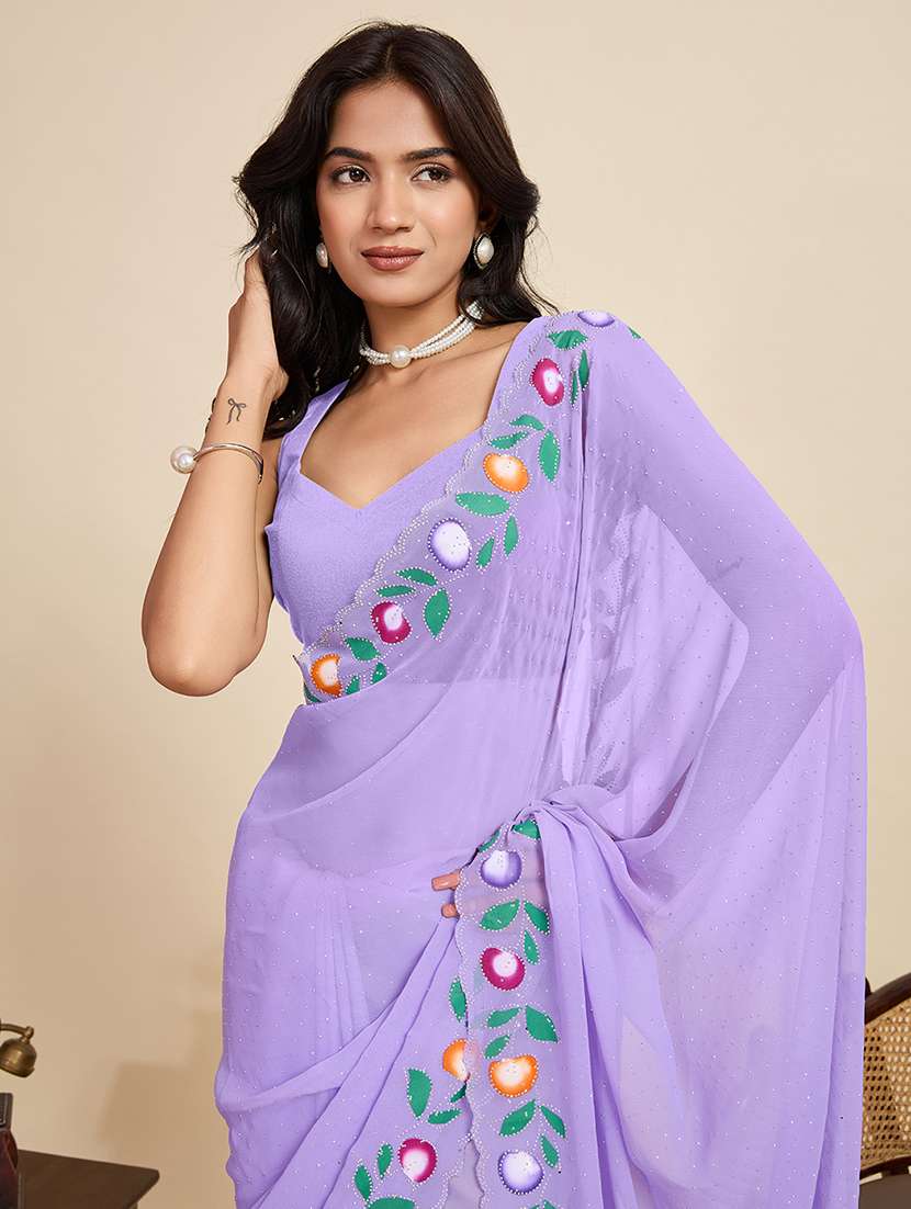 women solid with work embellished saree with blouse - 22058811 - Standard Image - 4