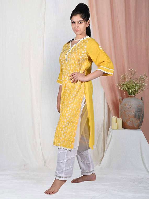 women three quarter sleeve kurta pant set - 22058859 -  Standard Image - 1