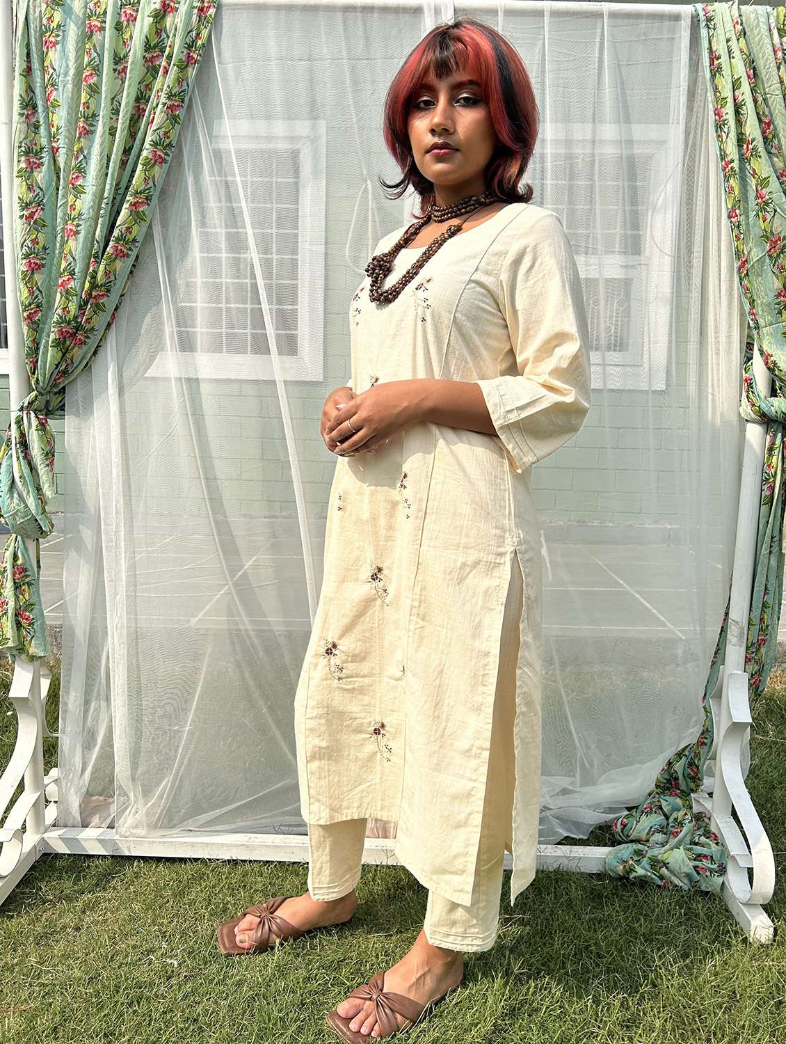 women three quarter sleeve kurta pant set - 22058901 -  Standard Image - 1