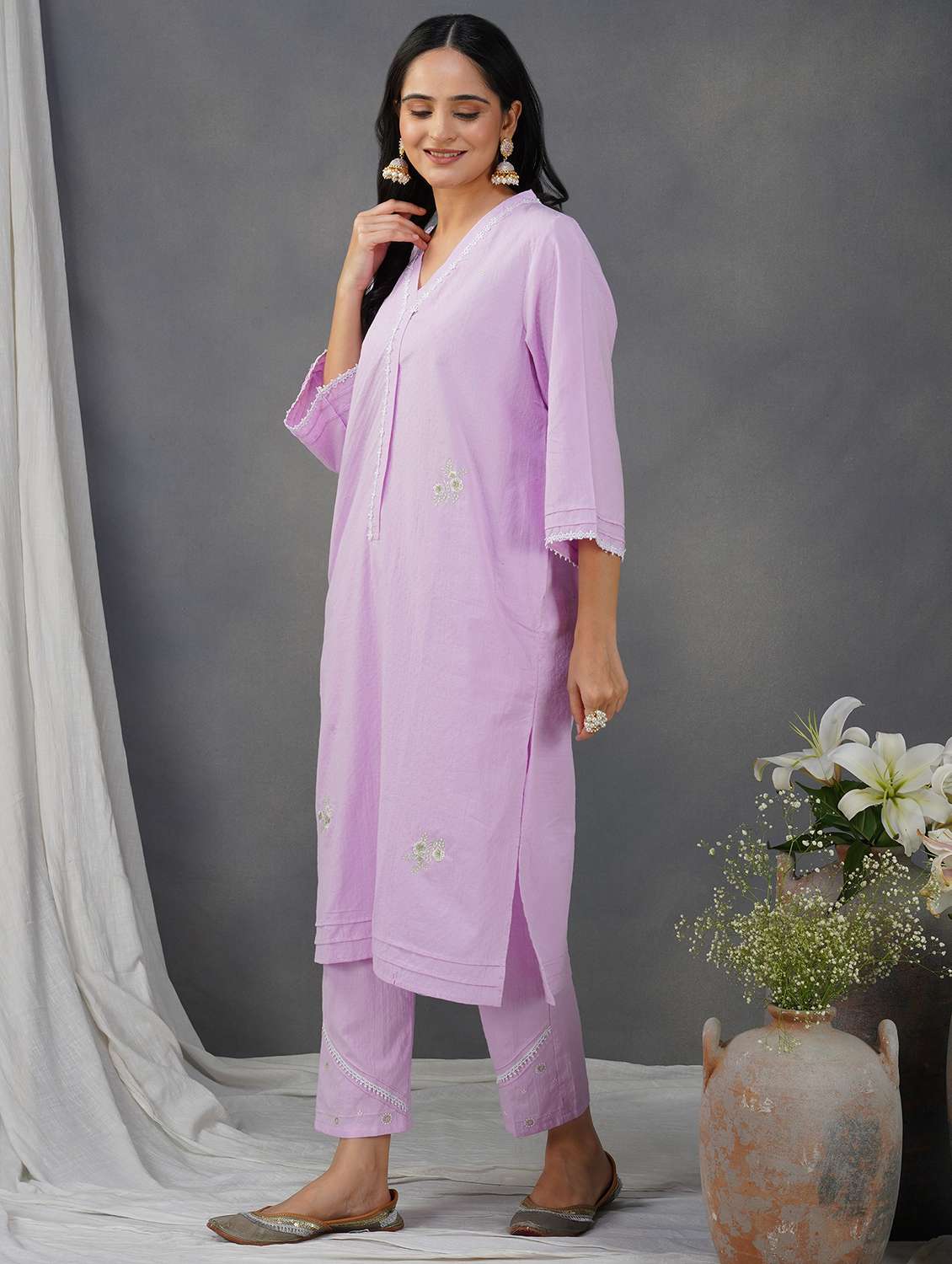women three quarter sleeve kurta pant set - 22058908 -  Standard Image - 1