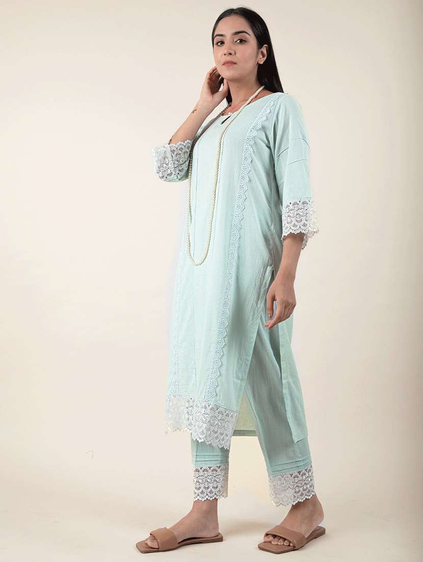 women three quarter sleeve kurta pant set - 22058999 -  Standard Image - 1