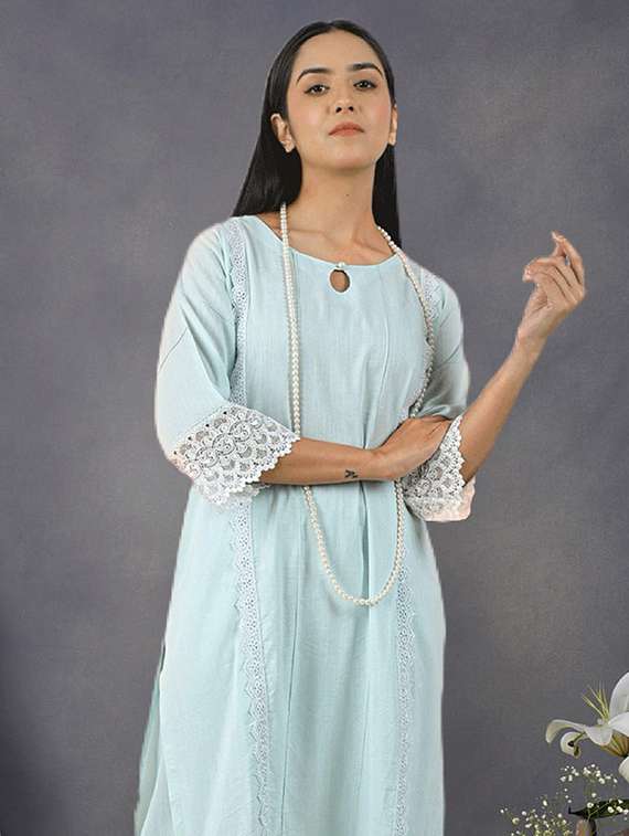 women three quarter sleeve kurta pant set - 22058999 -  Standard Image - 4