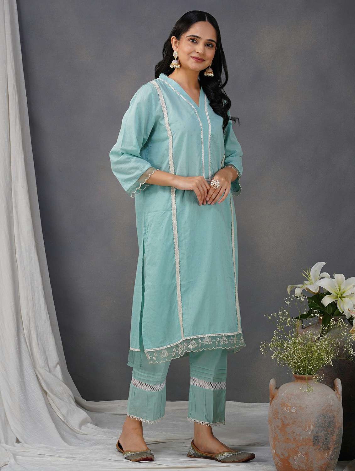 women three quarter sleeve kurta pant set - 22059006 -  Standard Image - 1