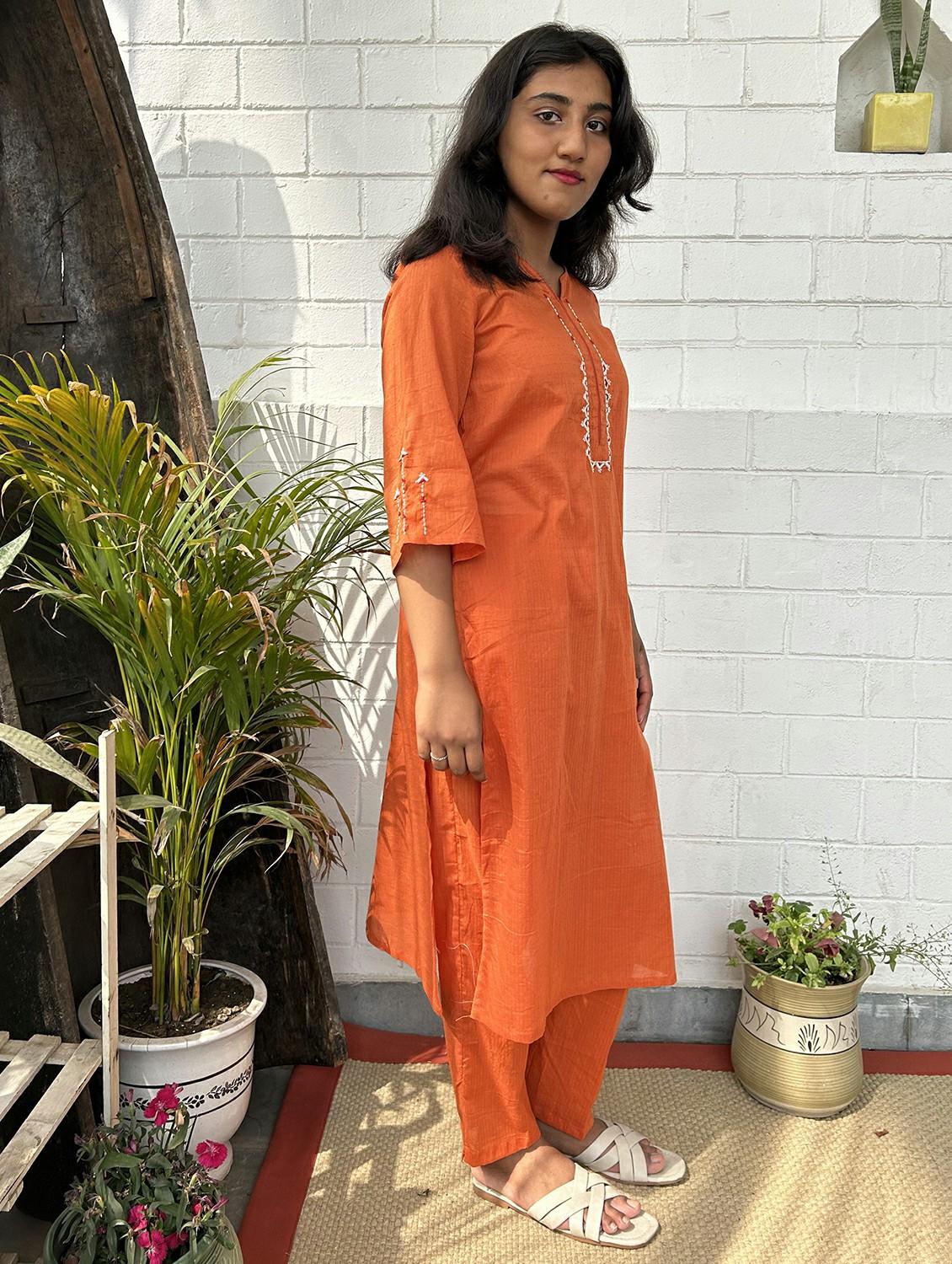 orange cotton kurta pant set - 22059139 - Standard Image - 1